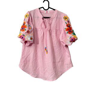 Apple Boulevard Pink Embroidered Puff Sleeve Peasant Blouse Womens Size Medium